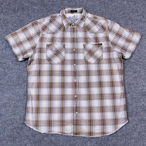 Bullhead Mens Large Brown Plaid Pearl Snap Button Shirt Short Sleeve‎